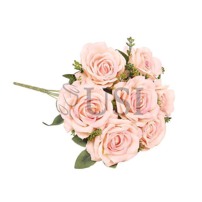 Deluxe Elegant Rose Flower Bush w Filler x7, 17in, Blush Peach