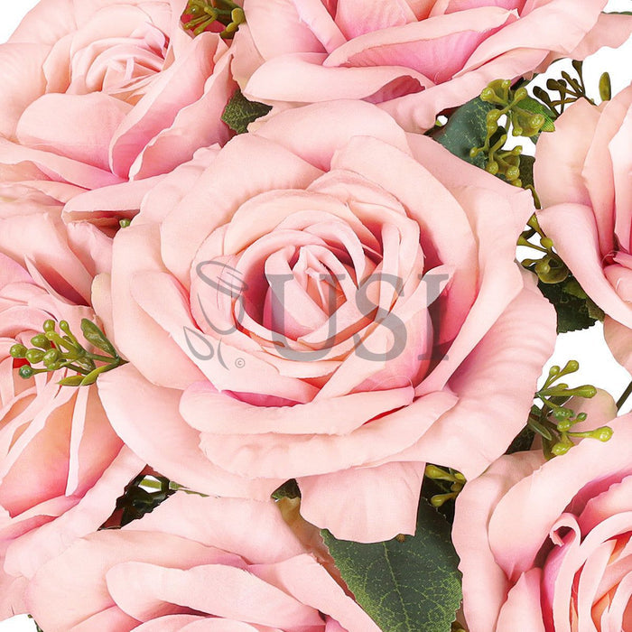 Deluxe Elegant Rose Flower Bush w Filler x7, 17in, Blush Pink