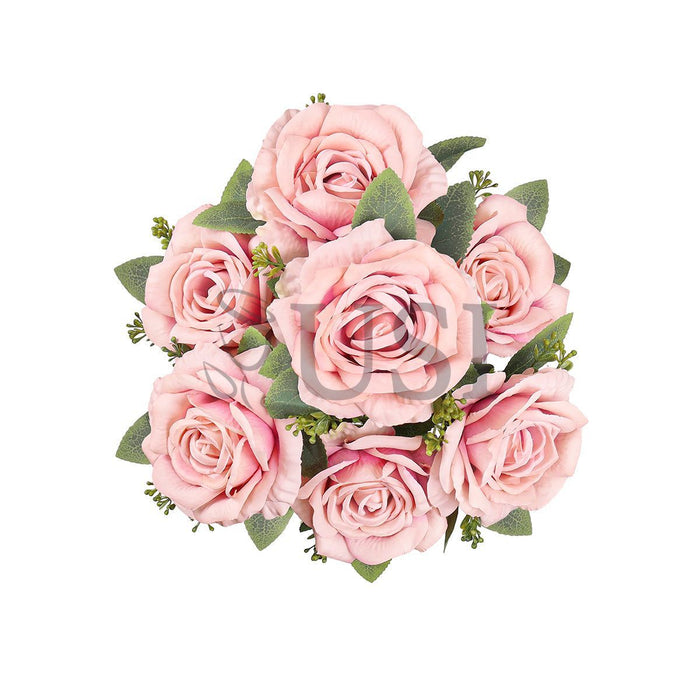 Deluxe Elegant Rose Flower Bush w Filler x7, 17in, Blush Pink