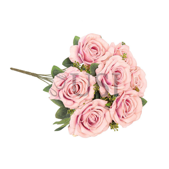 Deluxe Elegant Rose Flower Bush w Filler x7, 17in, Blush Pink