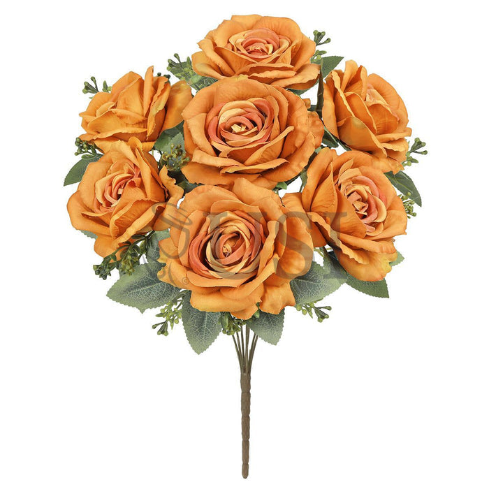 Deluxe Elegant Rose Flower Bush w Filler x7, 17in, Dusty Orange