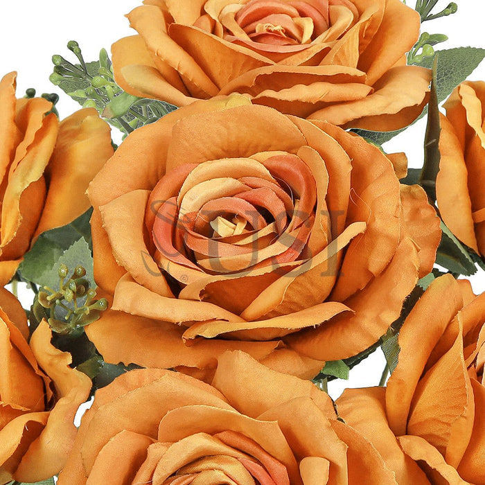 Deluxe Elegant Rose Flower Bush w Filler x7, 17in, Dusty Orange