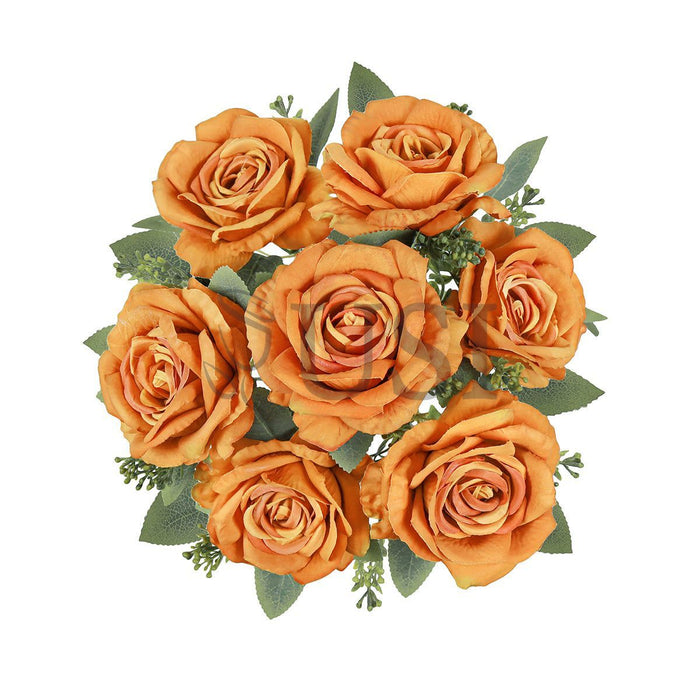 Deluxe Elegant Rose Flower Bush w Filler x7, 17in, Dusty Orange
