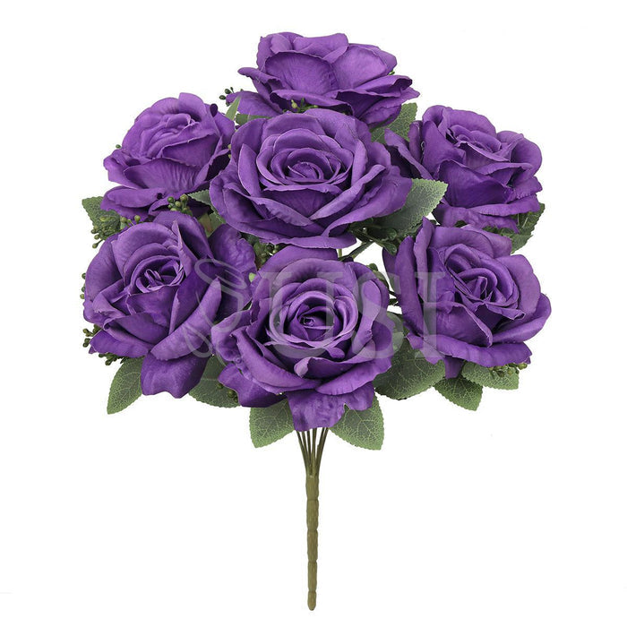 Deluxe Elegant Rose Flower Bush w Filler x7, 17in, Purple