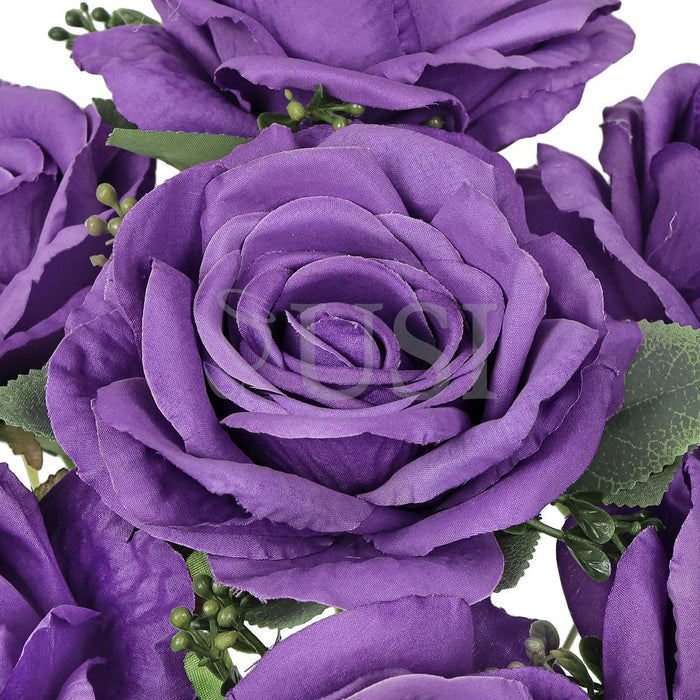 Deluxe Elegant Rose Flower Bush w Filler x7, 17in, Purple