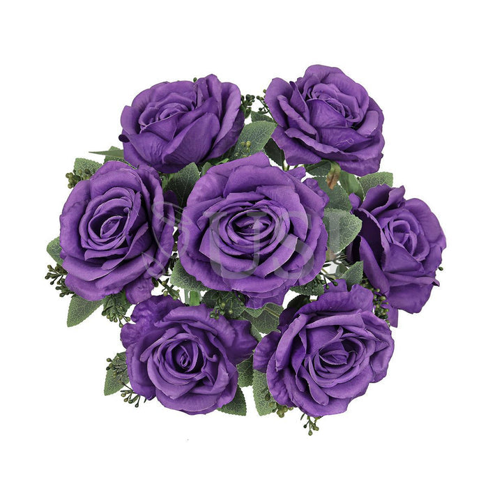 Deluxe Elegant Rose Flower Bush w Filler x7, 17in, Purple