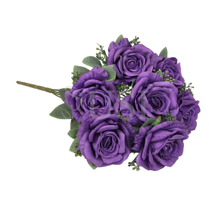 Deluxe Elegant Rose Flower Bush w Filler x7, 17in, Purple