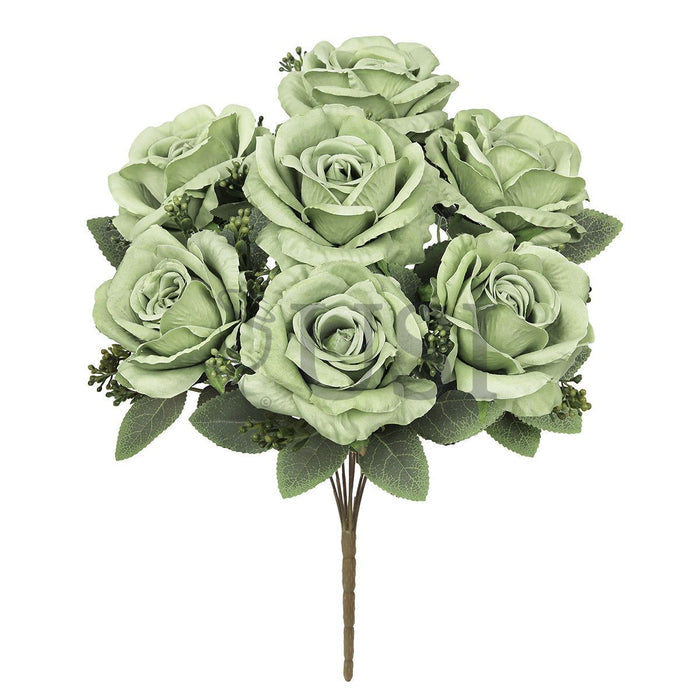 Deluxe Elegant Rose Flower Bush w Filler x7, 17in, Sage Green
