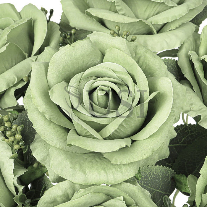 Deluxe Elegant Rose Flower Bush w Filler x7, 17in, Sage Green