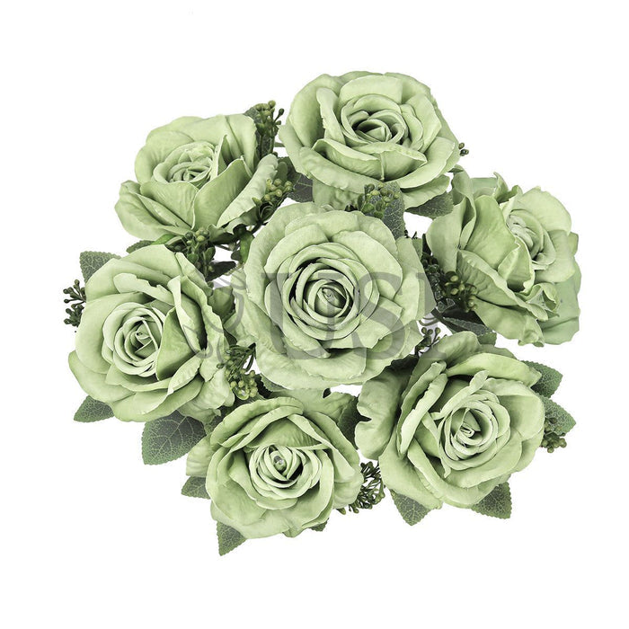 Deluxe Elegant Rose Flower Bush w Filler x7, 17in, Sage Green