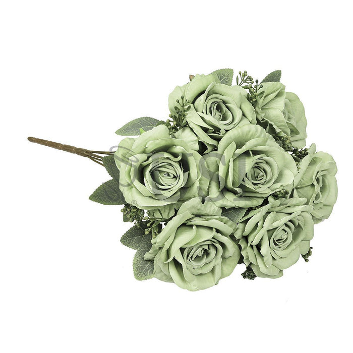 Deluxe Elegant Rose Flower Bush w Filler x7, 17in, Sage Green
