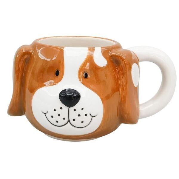 Dog-shaped mug with brown and white