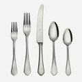 Dolce Vita 5-piece flatware set: shiny 18/10 stainless steel dinner knife, two forks, and two spoons.