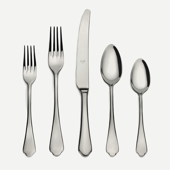 Dolce Vita 5-piece flatware set: shiny 18/10 stainless steel dinner knife, two forks, and two spoons.