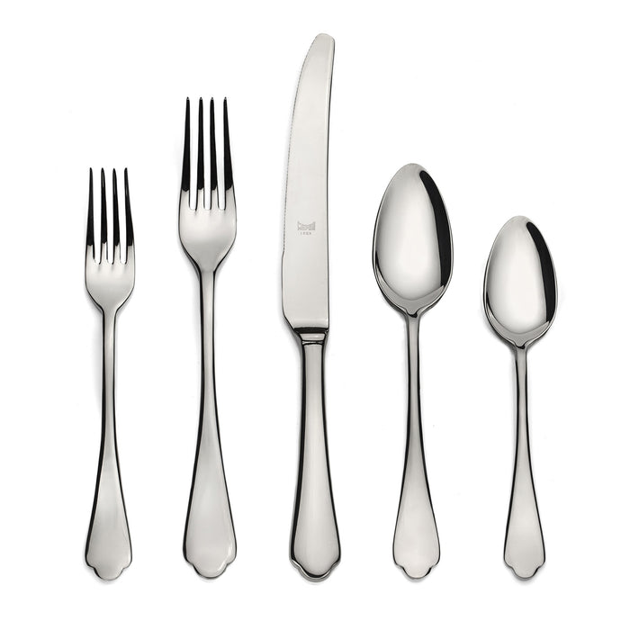 Dolce Vita 5-piece flatware set: shiny 18/10 stainless steel dinner knife, two forks, and two spoons.