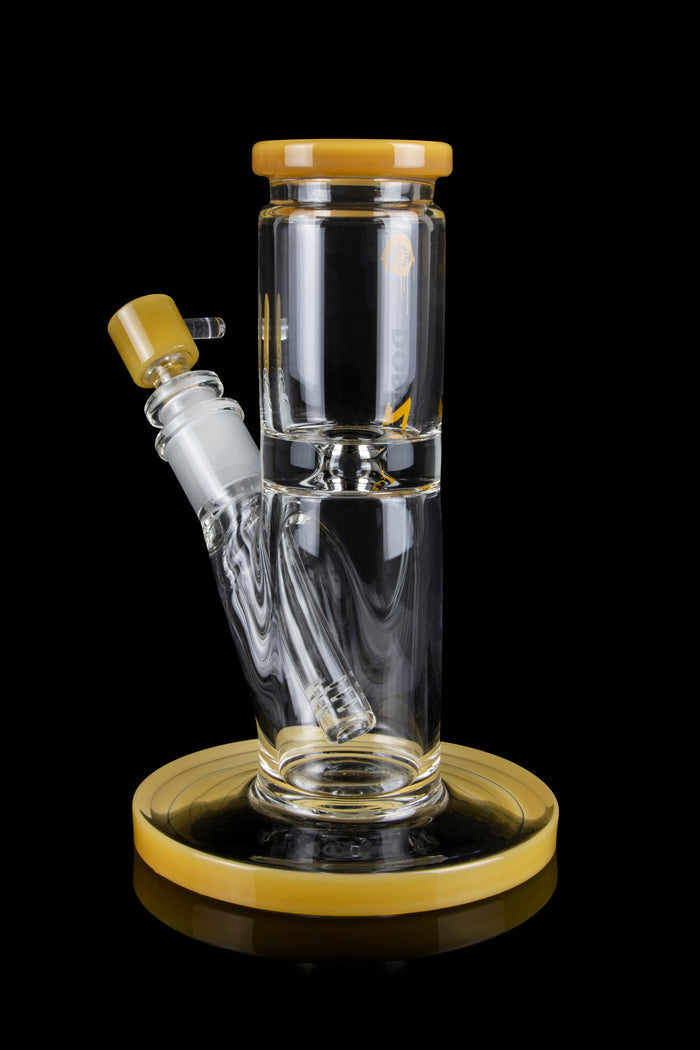Glass water pipe (bong) with a flared base and amber accents, against a black background.