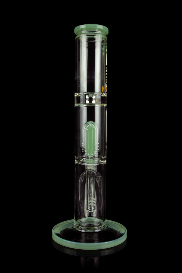 Green glass water pipe (bong) with percolators, isolated on a black background.