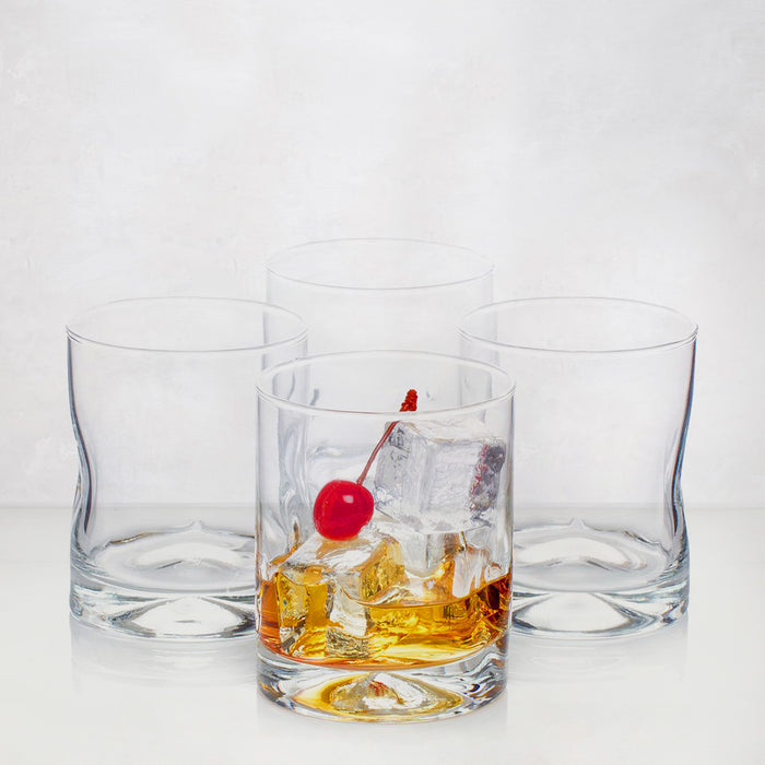 Hudson Grace Double Old-Fashioned Glass, clear glass, heavy base, with whiskey, ice, and cherry.