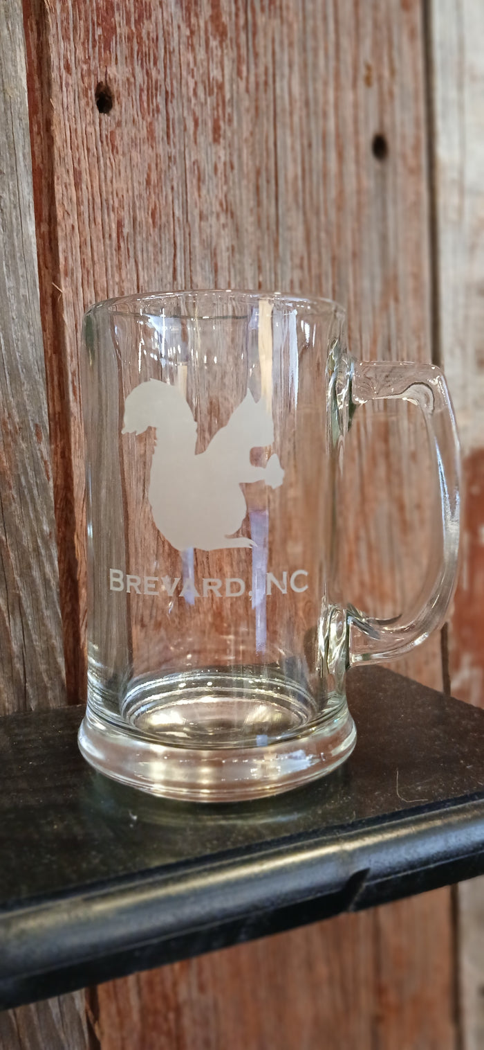 Drinkware - Mug - Glass with Etched White Squirrel & Brevard, NC 16 ounces