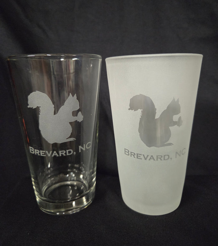 Drinkware - Pint Glass - Etched White Squirrel Brevard NC Beer Glass 16 ounces