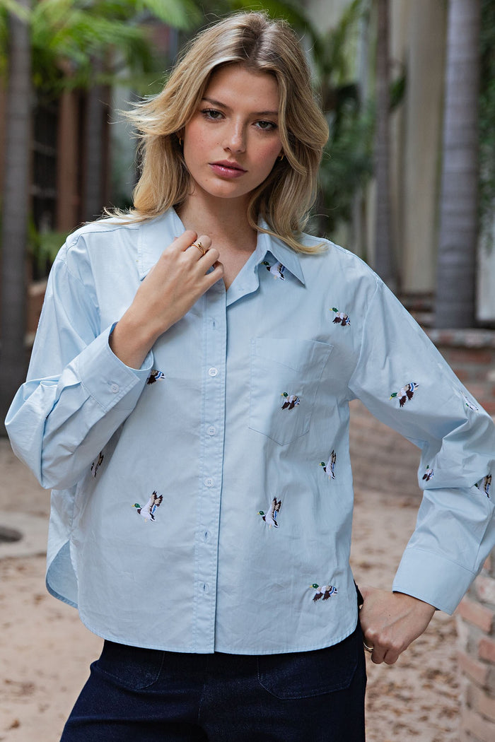 Duck Duck Blue Embroidered Button Down Shirt
