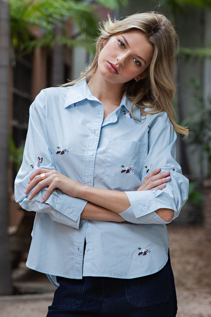 Duck Duck Blue Embroidered Button Down Shirt
