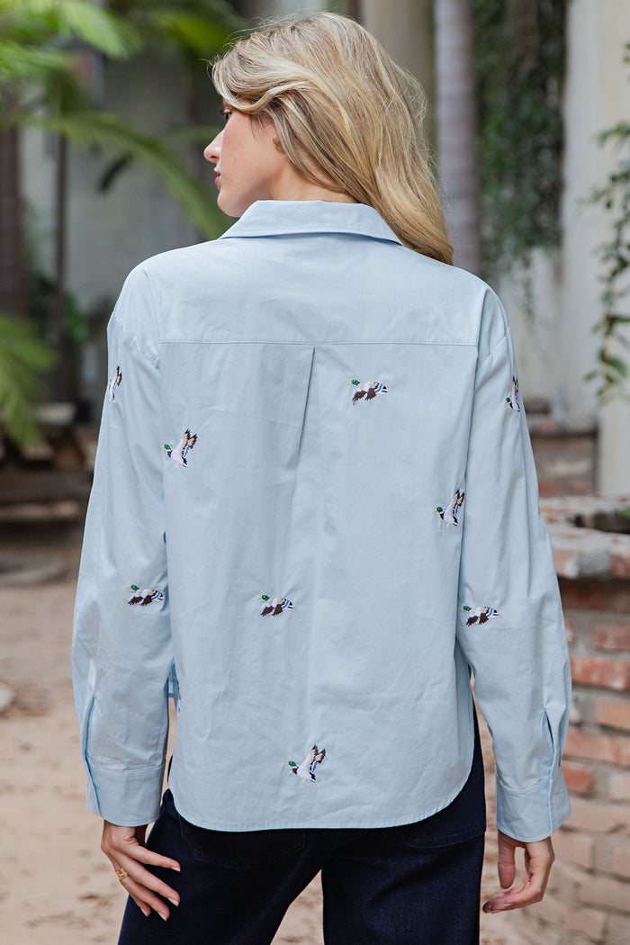 Duck Duck Blue Embroidered Button Down Shirt