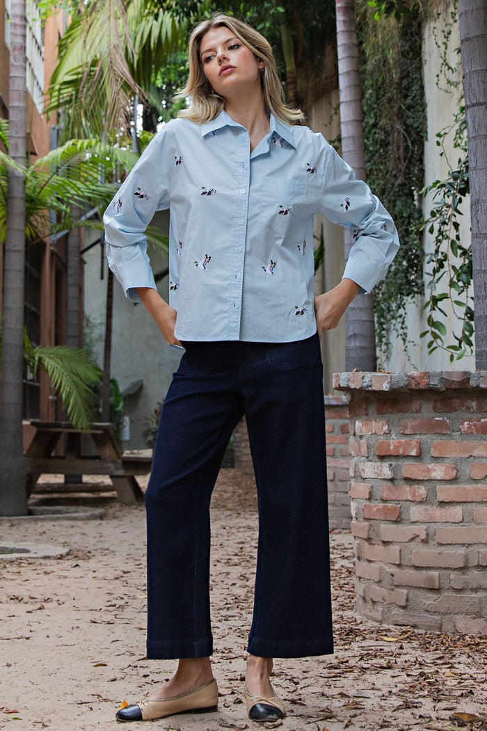 Duck Duck Blue Embroidered Button Down Shirt