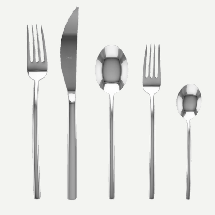 Due 5-piece flatware set: sleek silver 18/10 stainless steel dinner fork, knife, soup spoon, salad fork, teaspoon.