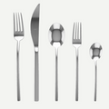Due 5-piece flatware set: sleek silver 18/10 stainless steel dinner fork, knife, soup spoon, salad fork, teaspoon.