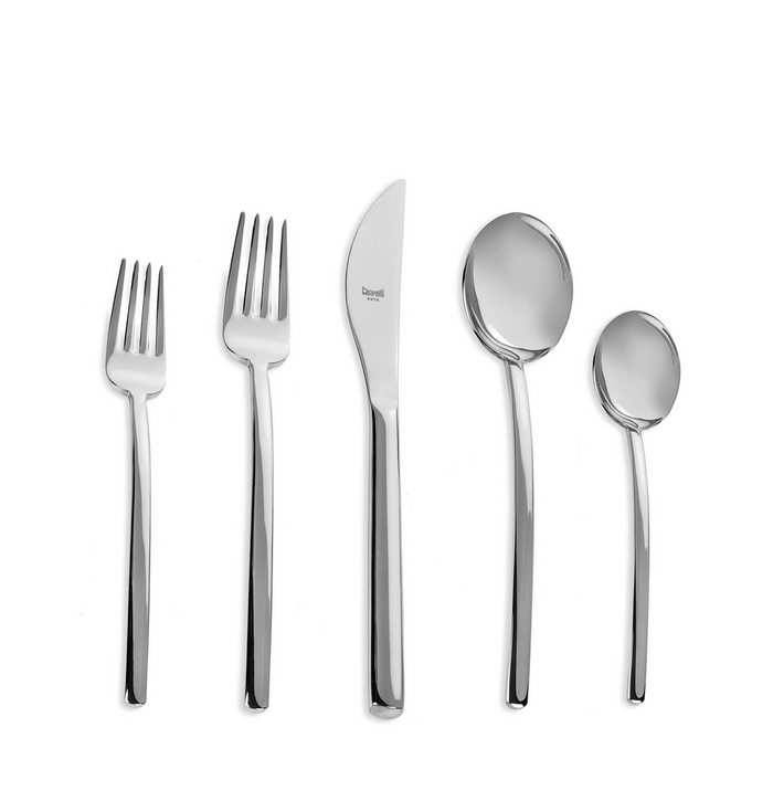 Due 5-piece flatware set: sleek, contemporary 18/10 stainless steel dinner fork, salad fork, knife, soup spoon, teaspoon.