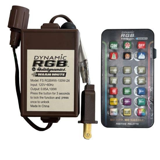 Certified Lights Dynamic RGBWW 100W controller and remote for LED light sets. Features color lock and timer.