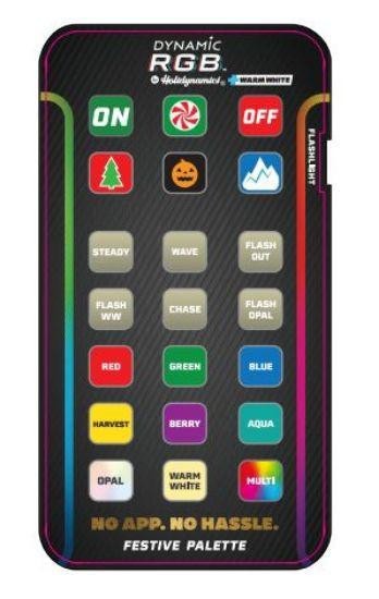 Certified Lights Dynamic RGBWW controller remote with buttons for ON, OFF, Steady, Wave, Flash Out, Red, Green, Blue, and festive colors.