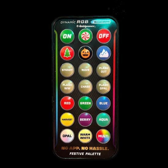 Certified Lights Dynamic RGBWW remote with ON/OFF, color, and effect buttons. Black remote with colorful buttons.