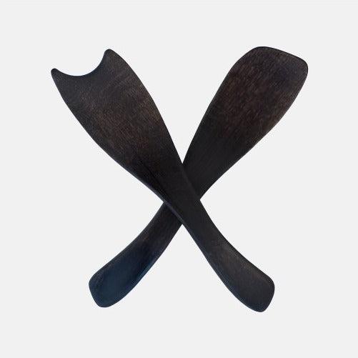 Ebonized rustic spalted maple wood salad servers, dark brown, 13.5"L, crossed.
