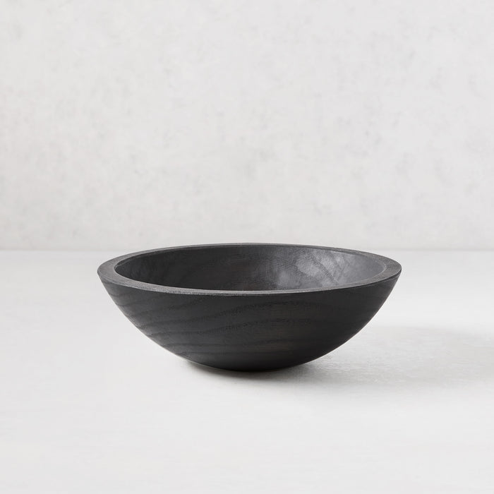 Ebonized wood bowl, 11" diameter, dark finish highlighting wood grain, handcrafted from spalted New England wood.