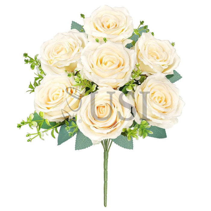 Elegant Rose Flower Bush w Filler x7, 17in, Ivory