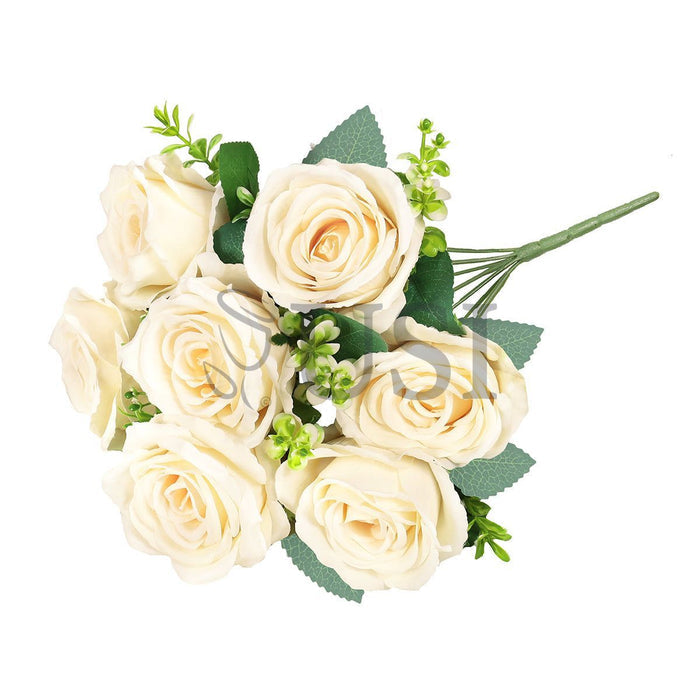 Elegant Rose Flower Bush w Filler x7, 17in, Ivory