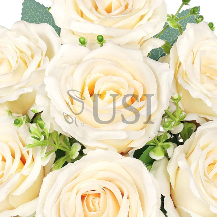 Elegant Rose Flower Bush w Filler x7, 17in, Ivory