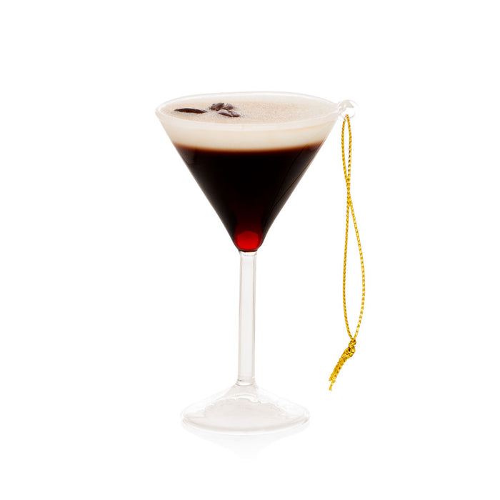 Glass Espresso Martini Christmas ornament with coffee beans and gold string.