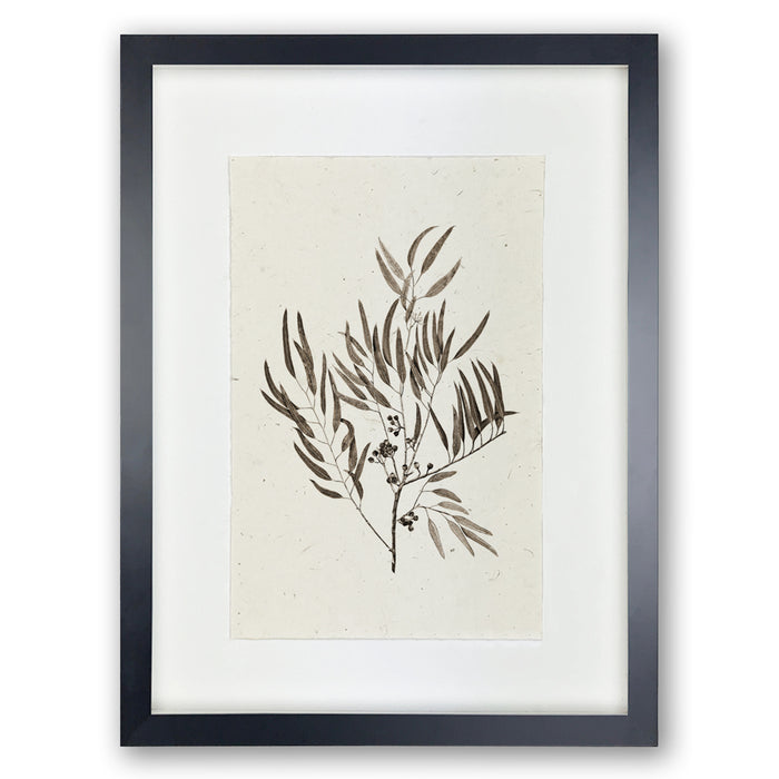 Framed Eucalyptus #4 handmade Nepalese paper wall art print with dark botanical illustration.