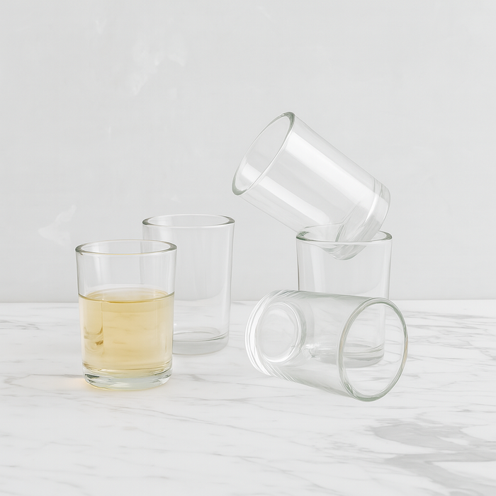 Clear, simple Everyday Wine Glasses, one filled with light yellow liquid, on a white marble surface.