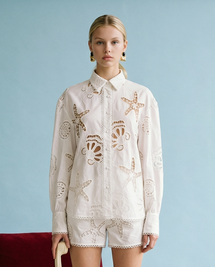 Eyelet Lace Button Down Shirt