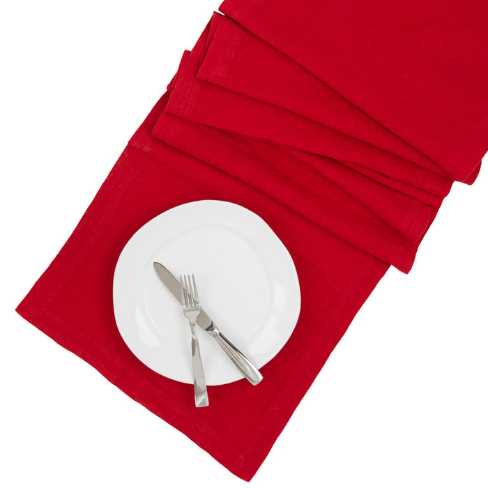 Flame HG Signature Hand-dyed Linen Table Runner, 18"x108", with white plate and silverware.