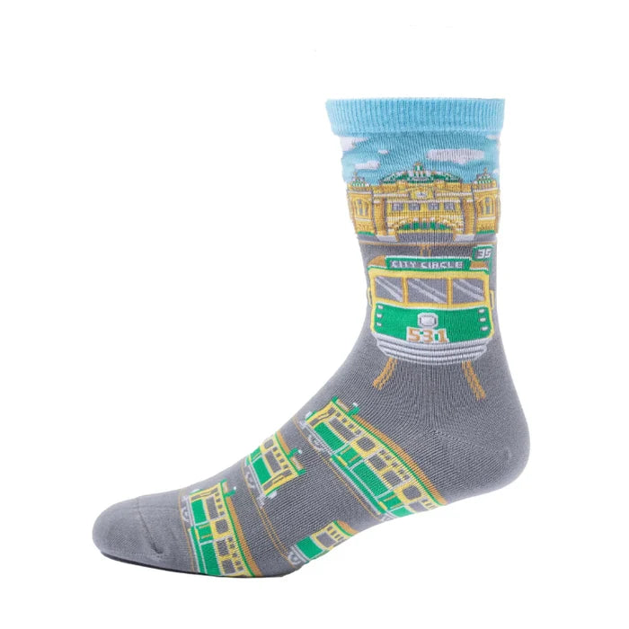 Sock with Melbourne tram design on a white background