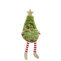Plush Christmas tree toy with a star on top, red nose, and striped socks