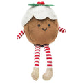 Plush decoration resembling a christmas pudding  with a white hat and red and white striped socks