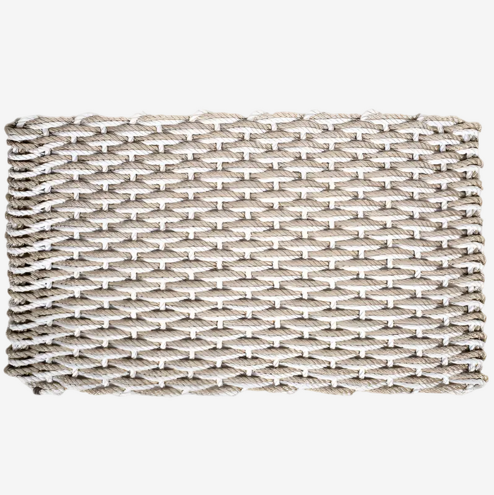 Handwoven Fog Grey and Sand Rope Doormat with a tight, rectangular weave pattern.