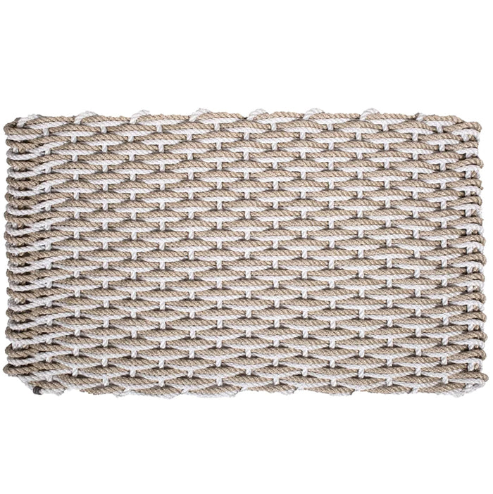 Handwoven Fog Grey and Sand Rope Doormat with a tight, rectangular weave.