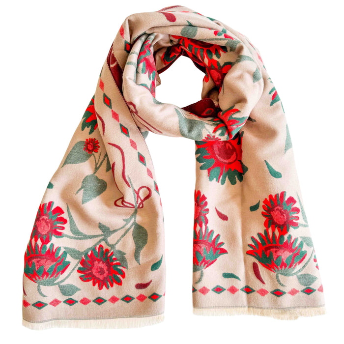 Folk Floral Beige & Red Scarf